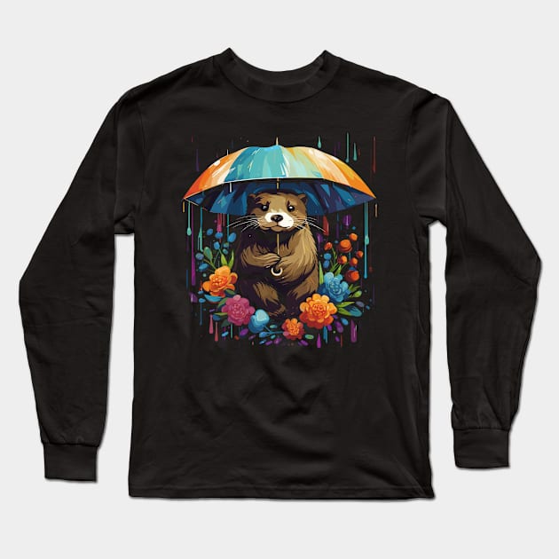 Otter Rainy Day With Umbrella Long Sleeve T-Shirt by JH Mart